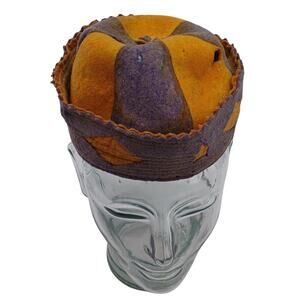 Vintage 2-Tone Yellow / Purple Wool Hat Beanie Cap GEOMETRIC Diamond Star Design